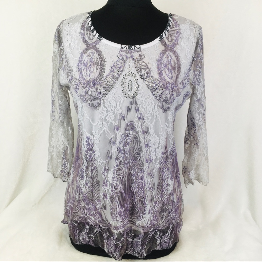 KEREN HART Blouse Women’s Size Medium M Long Sleeve Layered Lace Sequin Top